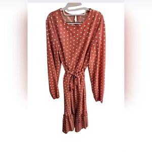 SHEIN Curve Dress Size 1XL Coral Pink/ White Polka Dot, Belt Tie, Midi NEW